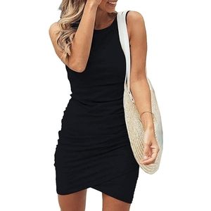 Black Sleeveless Ruched Mini Dress Stretchy Casual Minimal Style Posh New